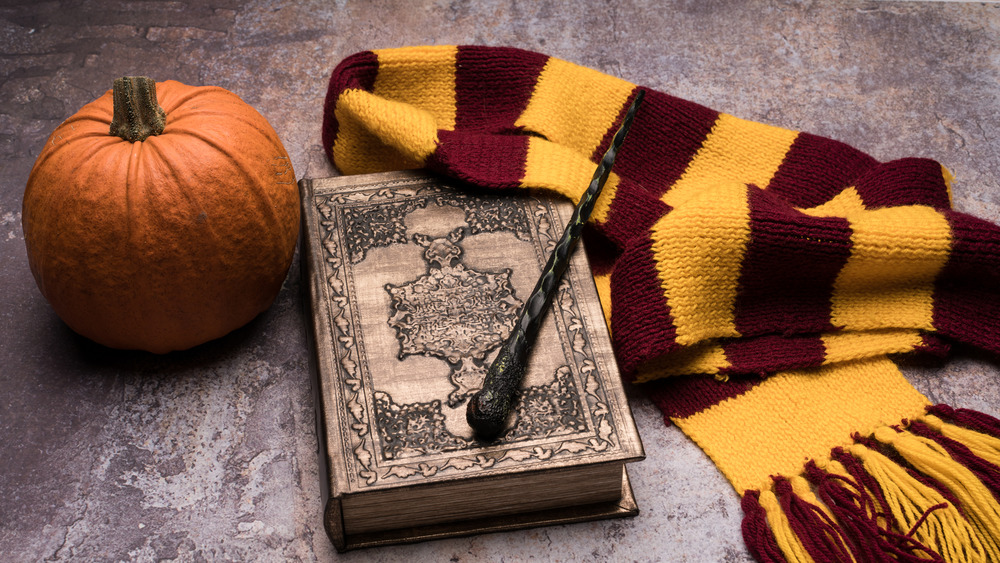 pumpkin, scarf, wand, and magic book