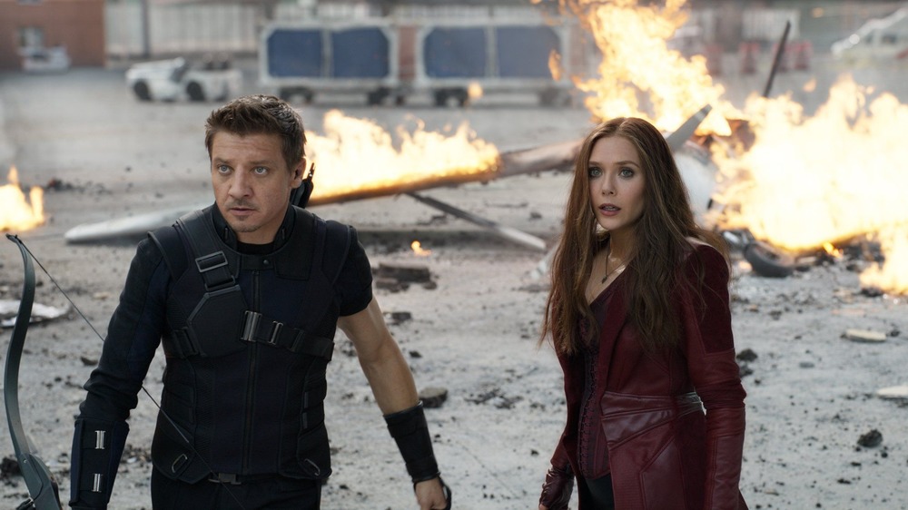 (from left to right) Clint Barton and Wanda Maximoff in Captain America: Civil WAr