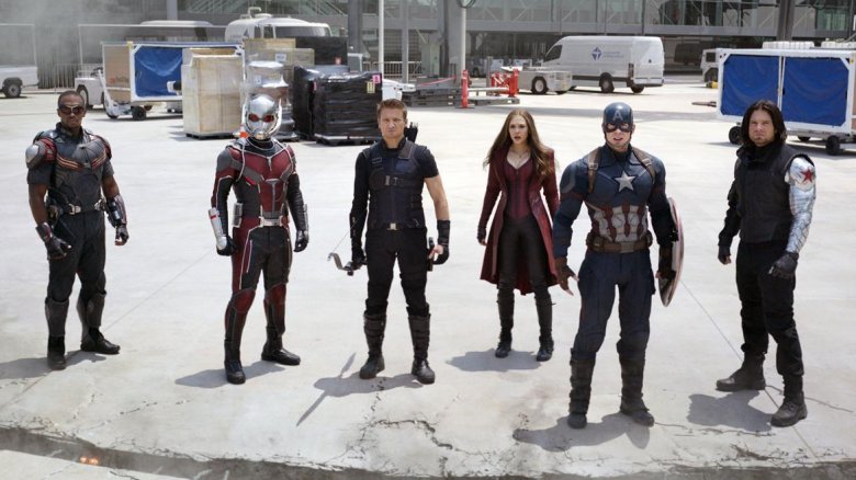 Anthony Mackie, Paul Rudd, Jeremy Renner, Elizabeth Olsen, Chris Evans, and Sebastian Stan in Captain America: Civil War 